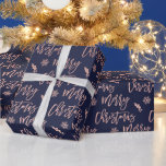 Merry Christmas snowflake mistletoe rose gold blue Wrapping Paper<br><div class="desc">Merry Christmas script typography snowflake mistletoe faux rose gold foil on navy blue pattern,  all the colours are editable, </div>