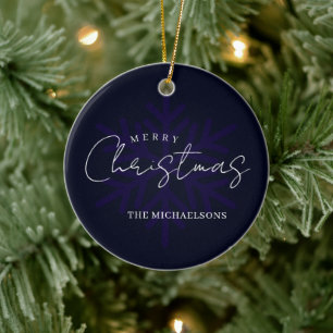 Merry Christmas Snowflake Navy Blue Ceramic Tree Decoration