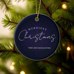 Merry Christmas Snowflake Navy Blue Ceramic Tree Decoration