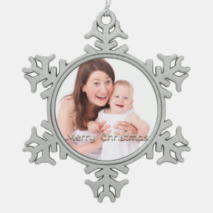 Merry Christmas Snowflake Personalised Photo Snowflake Pewter Christmas Ornament