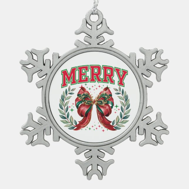 Merry Christmas Snowflake Pewter Christmas Ornament (Front)