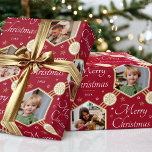 Merry Christmas Snowflake Photo Deep Red Gold Wrapping Paper<br><div class="desc">Make your Christmas gifts extra special with this stylish photo wrapping paper. An editable template personalised with the year date and four photographs of your family, friends or pets! This seamless hexagon pattern features script lettering, snowflakes and stars in an elegant colour palette of deep red, white and faux gold....</div>