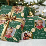 Merry Christmas Snowflake Photo Green Gold Wrapping Paper<br><div class="desc">Make your Christmas gifts extra special with this stylish photo wrapping paper. An editable template personalised with the year date and four photographs of your family, friends or pets! This seamless hexagon pattern features script lettering, snowflakes and stars in an elegant colour palette of green, white and faux gold. Custom...</div>