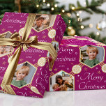 Merry Christmas Snowflake Photo Plum Gold Editable Wrapping Paper<br><div class="desc">Make your Christmas gifts extra special with this stylish photo wrapping paper. An editable template personalised with the year date and four photographs of your family, friends or pets! This seamless hexagon pattern features script lettering, snowflakes and stars in an elegant colour palette of purple-pink plum, white and faux gold....</div>