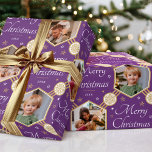 Merry Christmas Snowflake Photo Purple Gold Wrapping Paper<br><div class="desc">Make your Christmas gifts extra special with this stylish photo wrapping paper. An editable template personalised with the year date and four photographs of your family, friends or pets! This seamless hexagon pattern features script lettering, snowflakes and stars in an elegant colour palette of purple, white and faux gold. Custom...</div>