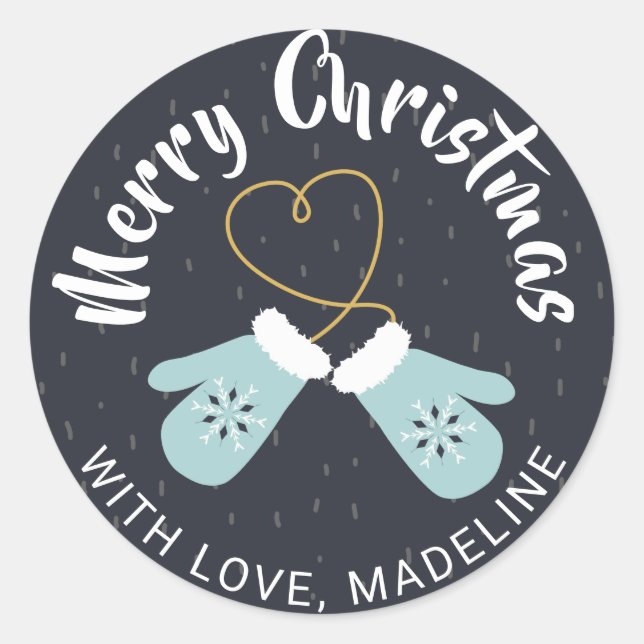 Merry Christmas | Snowflake Winter Mittens Classic Round Sticker (Front)