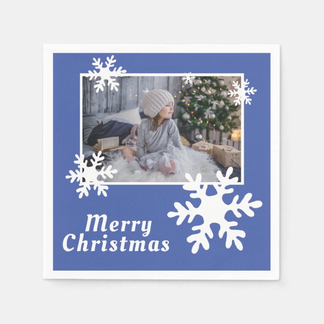 Merry Christmas Snowflakes Blue Family Photo  Napkin (Front)