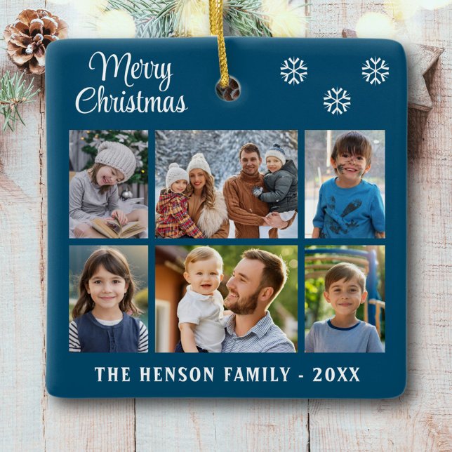 Merry Christmas Snowflakes Family 6 Photo Collage Ceramic Ornament (Creator Uploaded)