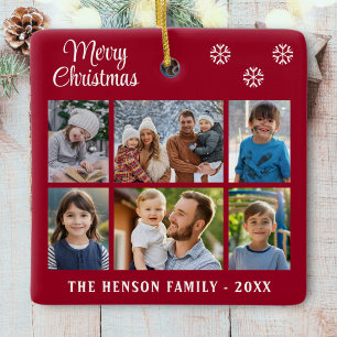 Merry Christmas Snowflakes Family 6 Photo Collage Ceramic Ornament