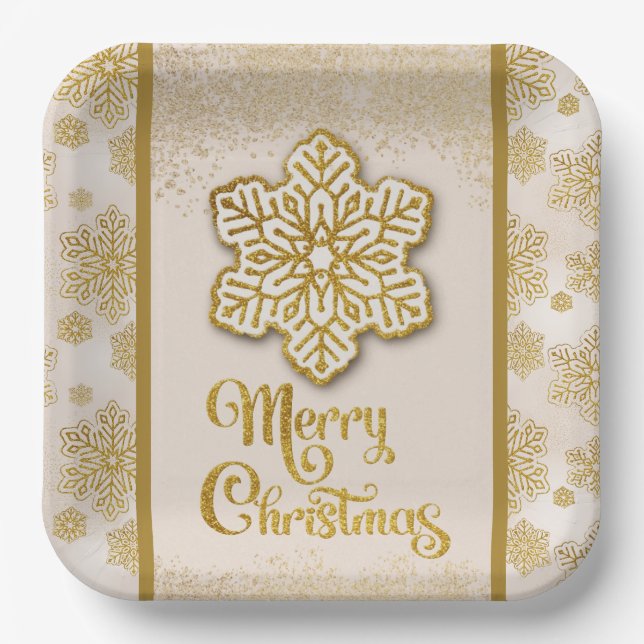 Merry Christmas Snowflakes Gold Glitter Sparkle  Paper Plate (Front)