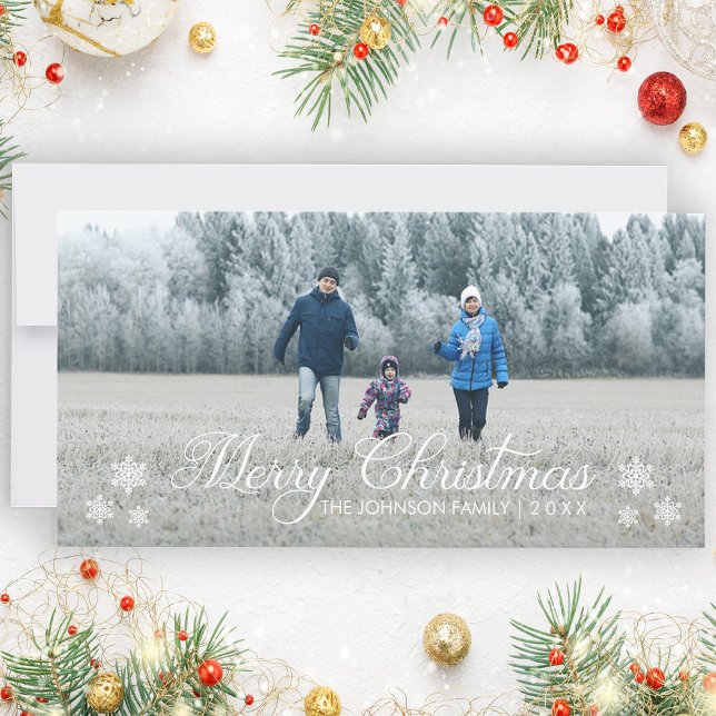 Merry Christmas Snowflakes | Holiday Photo Card (Stylishly Personalize with Your Custom Photo, Name & Year.)