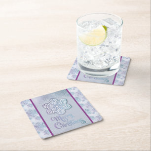 Merry Christmas Snowflakes Iridescent Blue Purple Square Paper Coaster