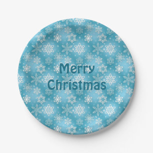 Merry Christmas Snowflakes on aqua Paper Plate