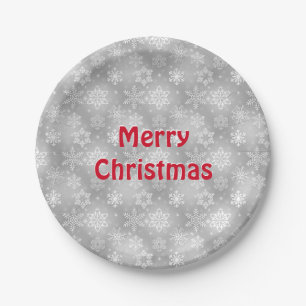 Merry Christmas Snowflakes on grey Paper Plate