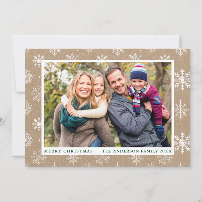 Merry Christmas Snowflakes Photo Kraft Holiday Card (Front)