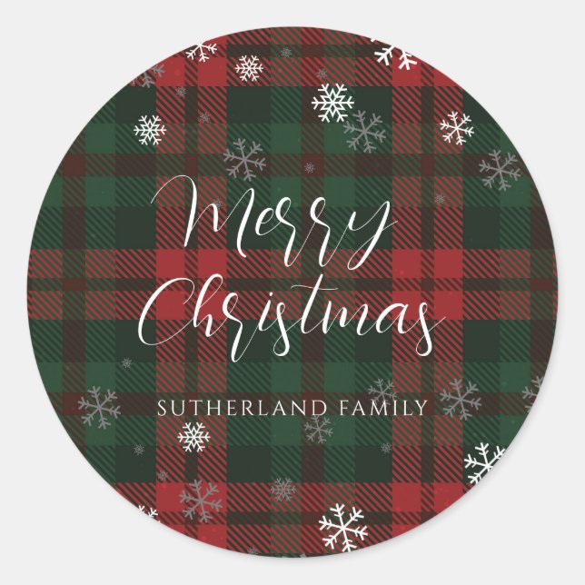 Merry Christmas Snowflakes Plaid Script Custom Classic Round Sticker (Front)