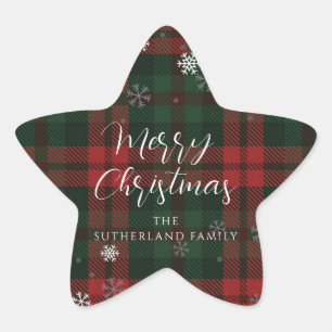 Merry Christmas Snowflakes Plaid Script Custom Star Sticker