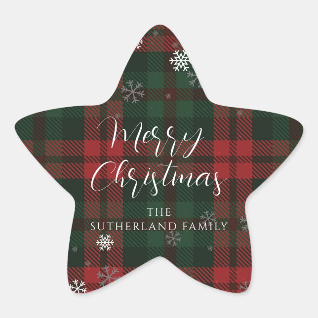 Merry Christmas Snowflakes Plaid Script Custom Star Sticker (Front)