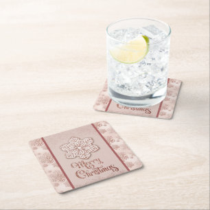 Merry Christmas Snowflakes Rose Gold Glitter Pink Square Paper Coaster