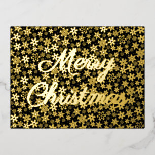 Merry Christmas snowflakes script black and gold Foil Holiday Postcard