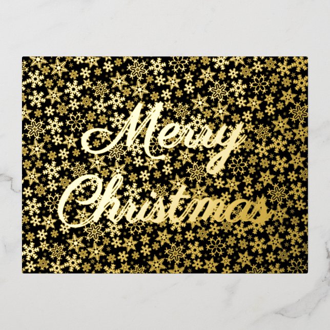 Merry Christmas snowflakes script black and gold Foil Holiday Postcard (Front)