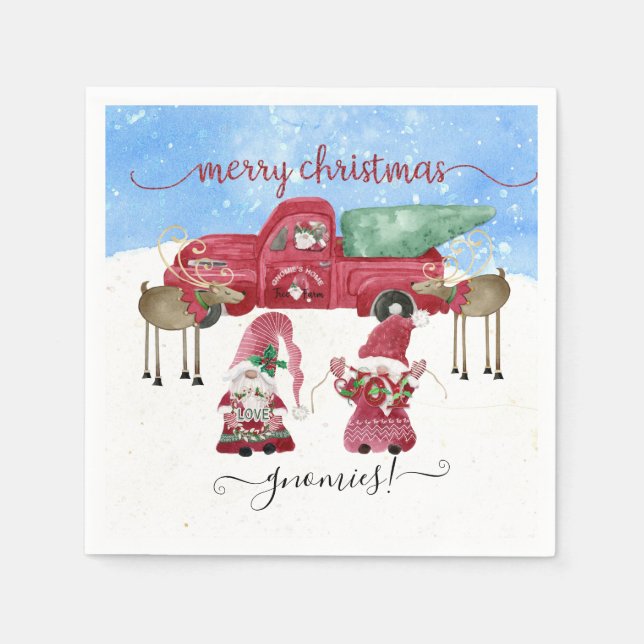 Merry Christmas Snowing Gnome Red Truck Tree Farm Napkin (Front)
