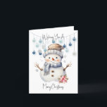 Merry Christmas Snowman<br><div class="desc">Wish someone a special Christmas with this adorable card. An adorable watercolor snowman wearing a hat and scarf and a big happy smile. Behind him are some blue baubles hanging from some string. Above and below reads Wishing you a Merry Christmas in a black script.</div>
