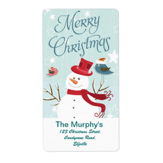 Merry Christmas Snowman and birds Christmas labels
