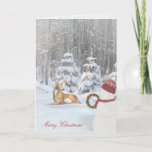 Merry Christmas snowman and deer in woods Holiday Card<br><div class="desc">snowman with holiday wreath for deer in winter woods with Christmas decorations and snowflakes</div>