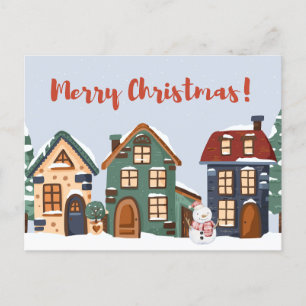 Merry Christmas Snowman and Houses  Postcard