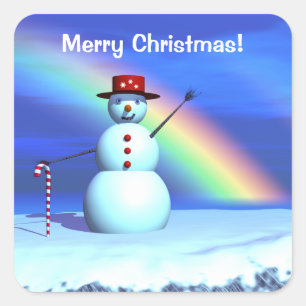 Merry Christmas Snowman and Rainbow Square Sticker