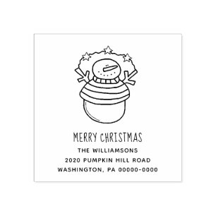 Merry Christmas Snowman and Stars Editable Address Rubber Stamp