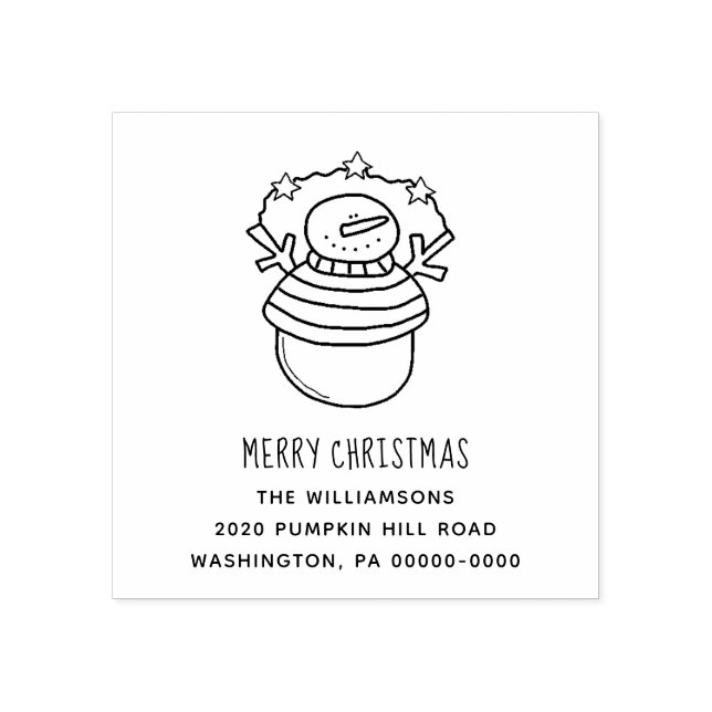 Merry Christmas Snowman and Stars Editable Address Rubber Stamp (Imprint)