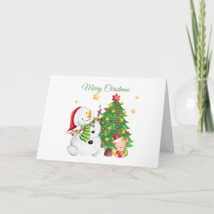Merry Christmas Snowman and Teddy Bear  Card