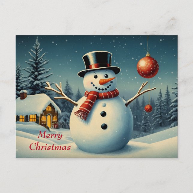 Merry Christmas Snowman and Winter Landscape  Holiday Postcard (Front)