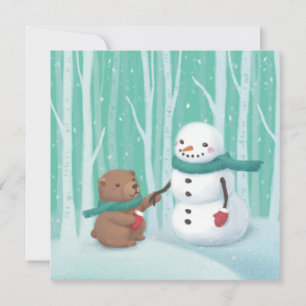 Merry Christmas: Snowman & Bear Illustration Art Holiday Card
