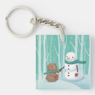 Merry Christmas: Snowman & Bear Illustration Art Key Ring