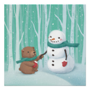 Merry Christmas: Snowman & Bear Illustration Art Poster