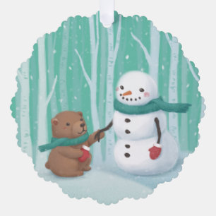 Merry Christmas: Snowman & Bear Illustration Art Tree Decoration Card