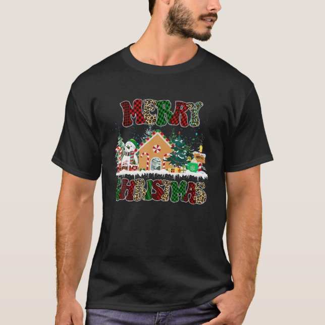 Merry Christmas Snowman Buffalo Plaid and Leopard  T-Shirt (Front)