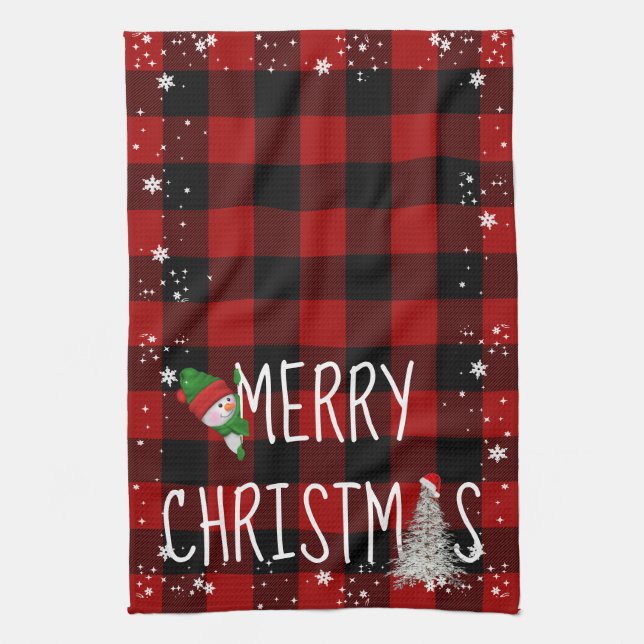 Merry Christmas Snowman Buffalo Plaid Tea Towel (Vertical)