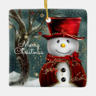 Merry Christmas Snowman Ceramic Ornament