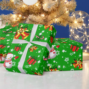 Merry Christmas Snowman Christmas Bells Star Green Wrapping Paper