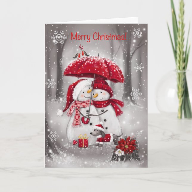 Merry Christmas, Snowman Couple with Umbrella Card (Front)