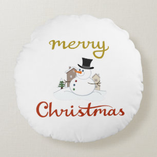Merry Christmas+Snowman Design Round Cushion