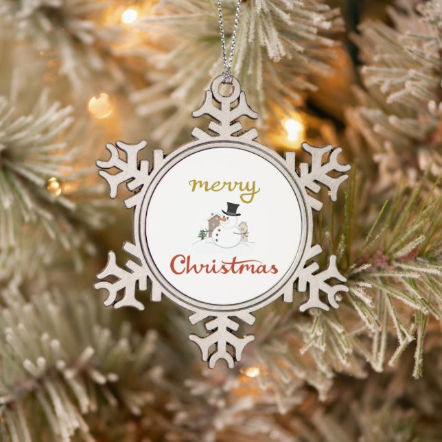 Merry Christmas+Snowman Design Snowflake Pewter Christmas Ornament (Tree)