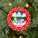 Merry Christmas! Snowman Family Ceramic Decoration<br><div class="desc">Image of a snowman family.</div>