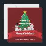 Merry Christmas Snowman Family Cute Custom Holiday Card<br><div class="desc">This cute Christmas card features an adorable snowman family drawing in front of a beautiful Christmas tree. The festive red banner is customised with your own text and the back can be personalised with your own holiday greeting for Xmas.</div>