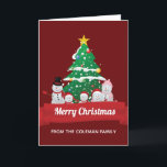 Merry Christmas Snowman Family Cute Custom Holiday Card<br><div class="desc">This cute Christmas card features an adorable snowman family drawing in front of a beautiful Christmas tree. The festive red banner is customised with your own text and the inside can be personalised with your own holiday greeting for Xmas.</div>