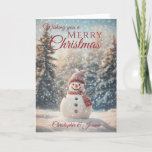 Merry Christmas Snowman  Holiday Card<br><div class="desc">A beautiful festive Holiday Season snowman Christmas card  comprising of a winter snowy scene with a smiling snowman wearing a heat hat and scarf surround by snow covered fir trees All text can be customised ,  then personalise with name (s) and inside message</div>